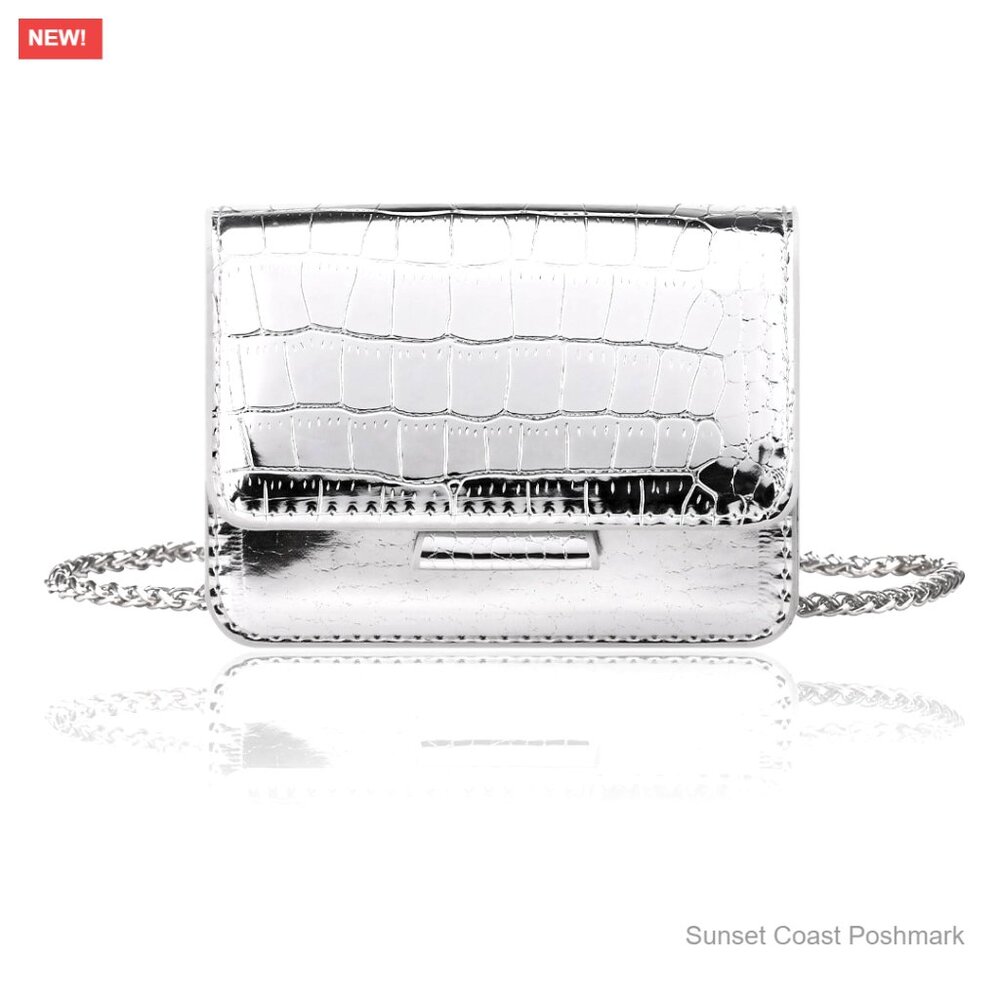 Silver Mini Crossbody Bag PU Leather Evening Purse Chic Elegant Nightclub Party